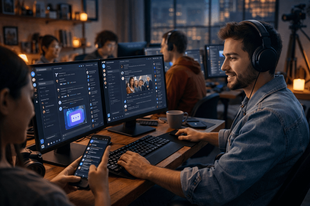Man using dual monitors to learn Discord