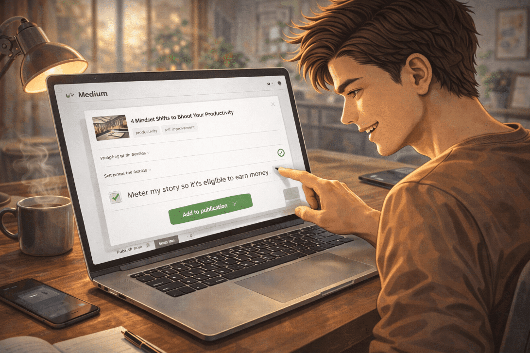 Man using laptop for Medium article settings