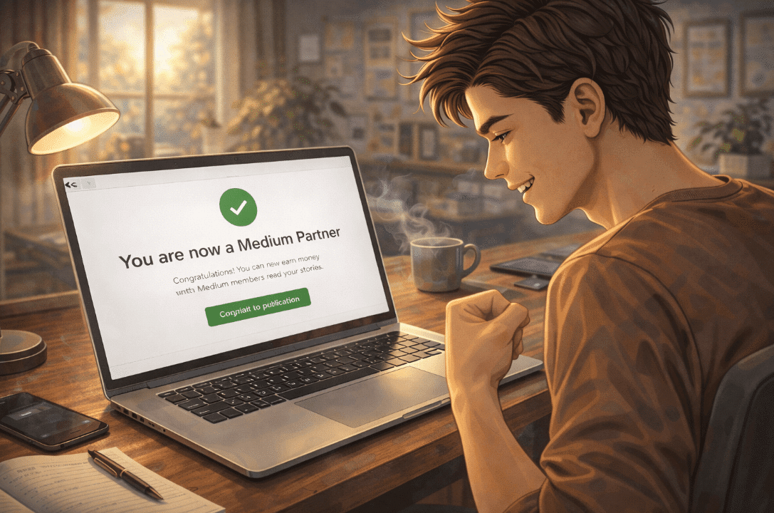 Man using laptop for Medium partner program application