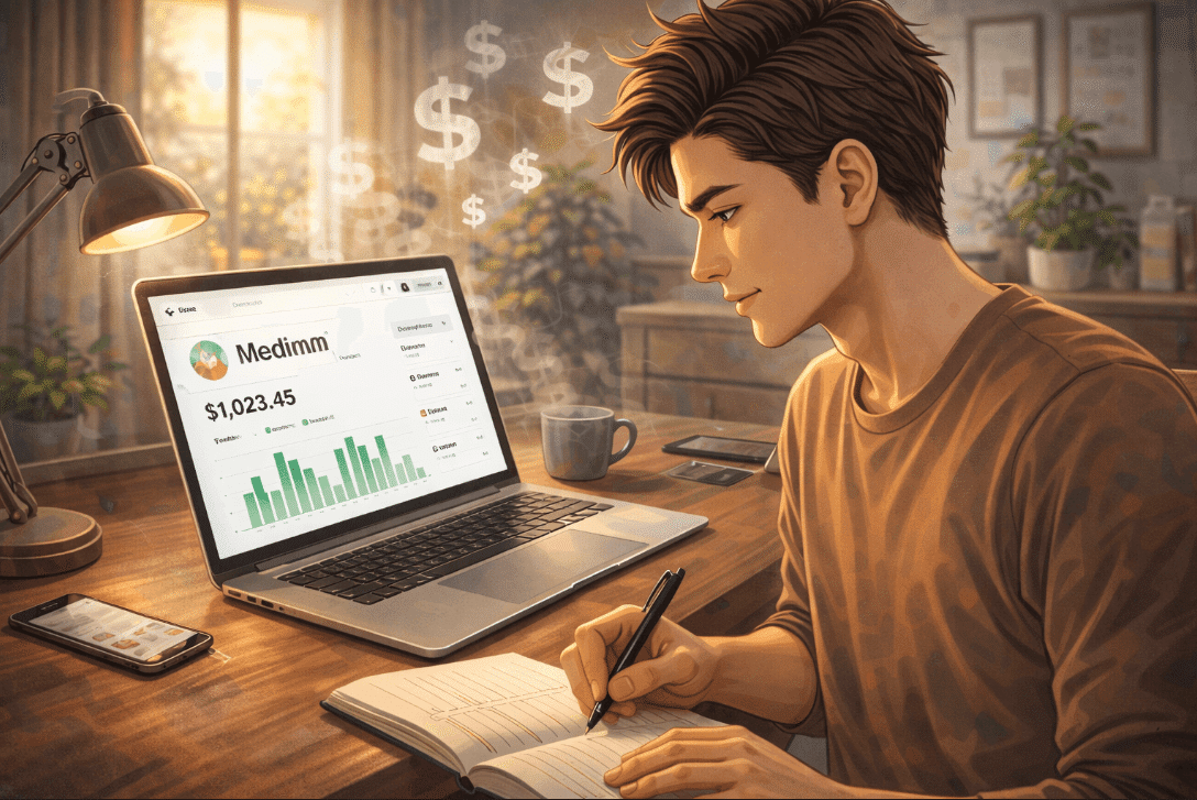 Man using laptop for writing and earning on Medium.com