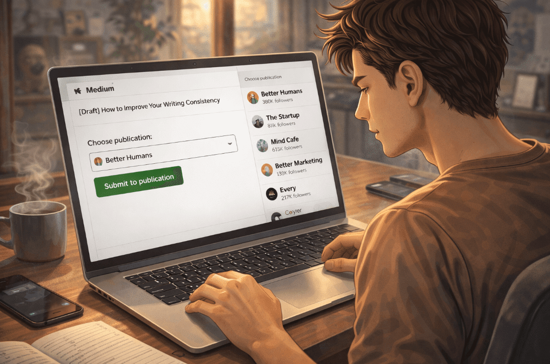 Man using laptop to expand article reach on Medium