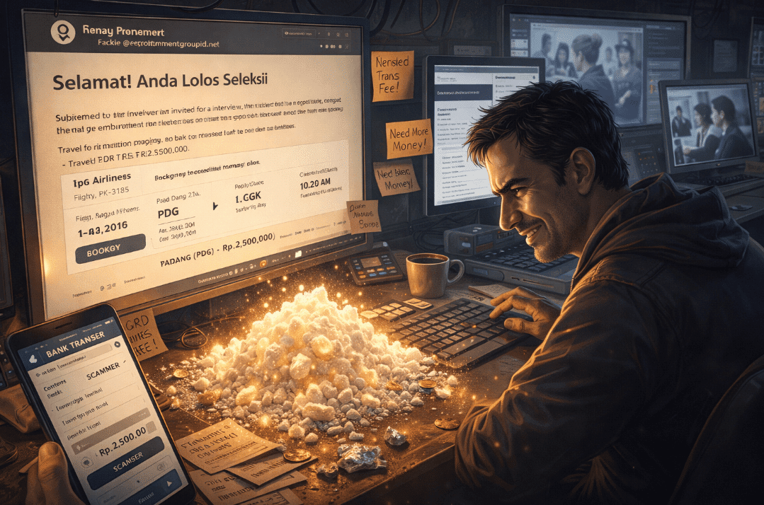 Man using laptop to identify fake job offer emails