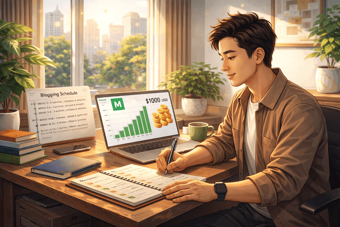 Man working on laptop for blogging income strategy