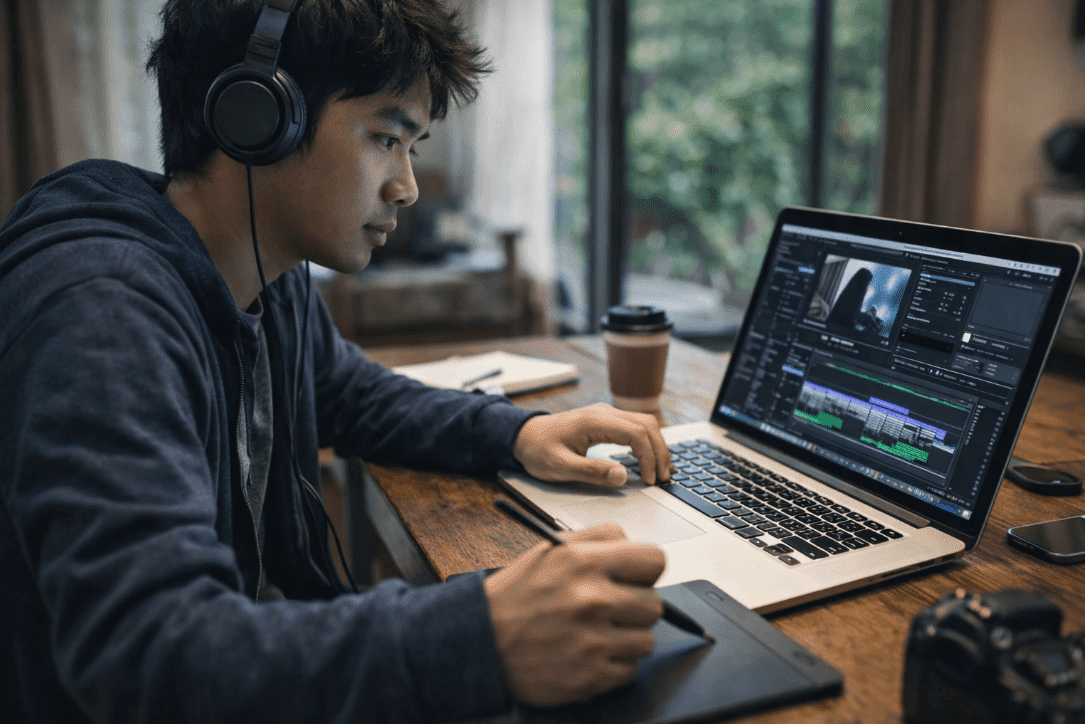 Man working on laptop for freelance student job