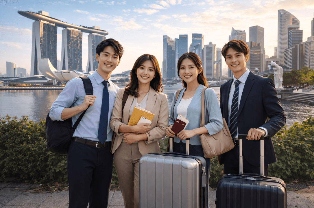 Orang berdiri dengan koper, relokasi kerja Singapura