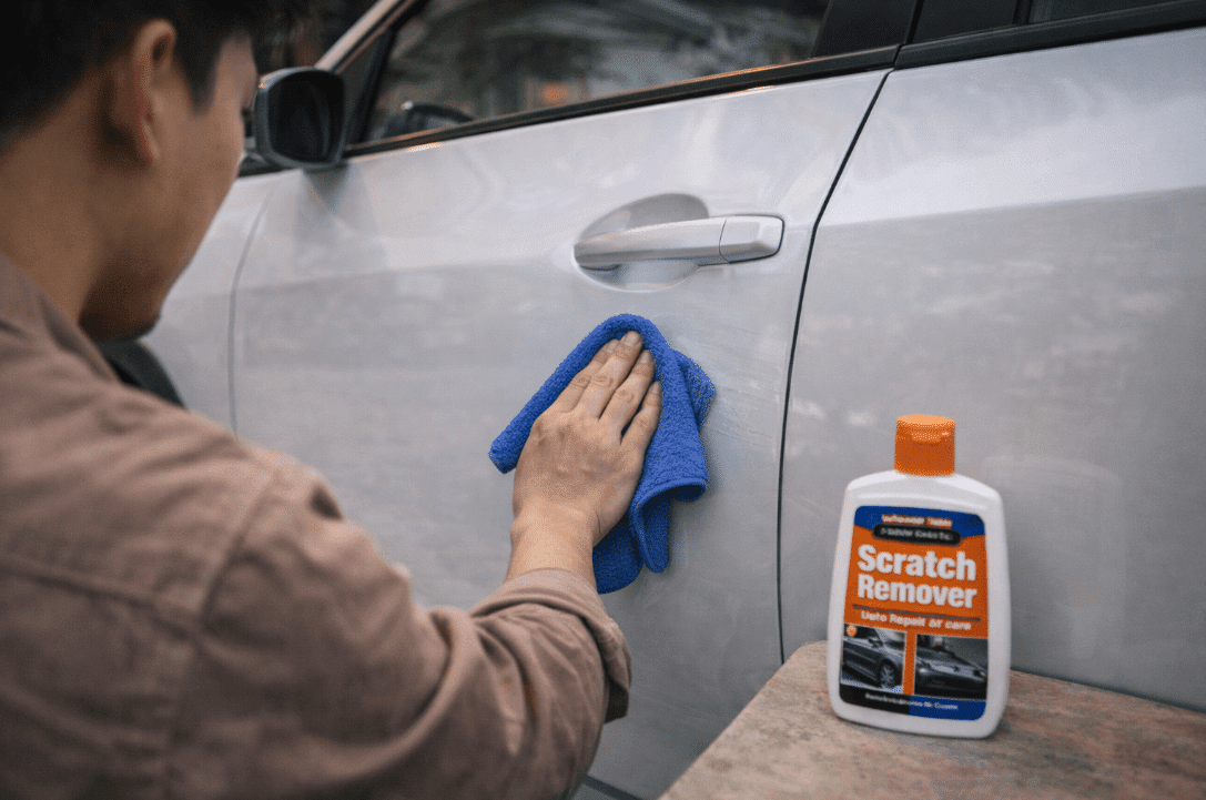 Orang membersihkan mobil dengan kain untuk menghilangkan goresan