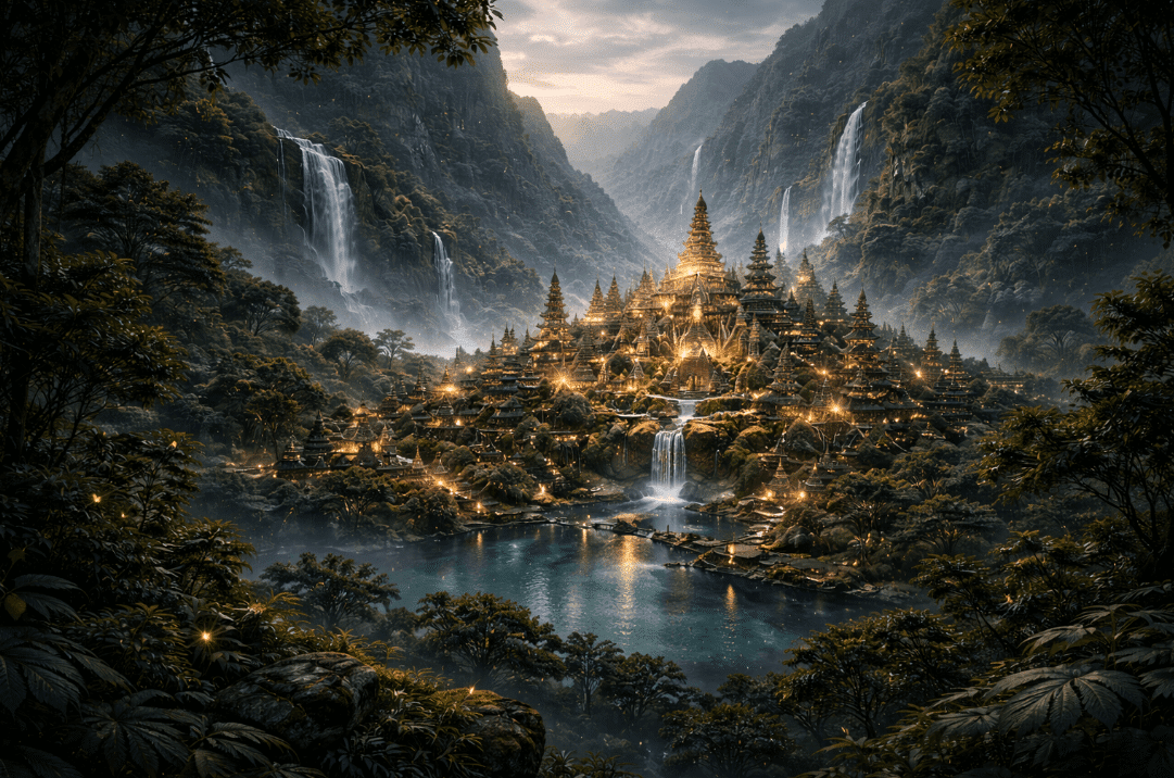Painting of a mountain town with a waterfall
