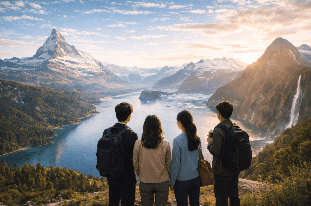 People atop a mountain enjoying natural beauty