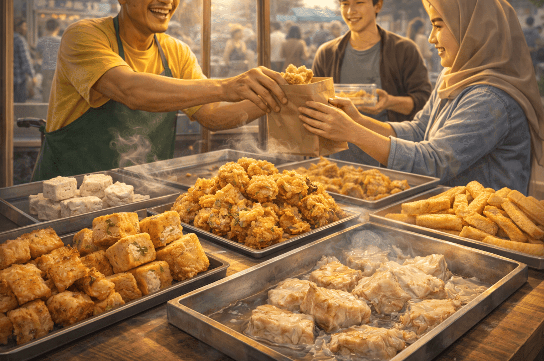 People enjoying popular fried snacks around a table