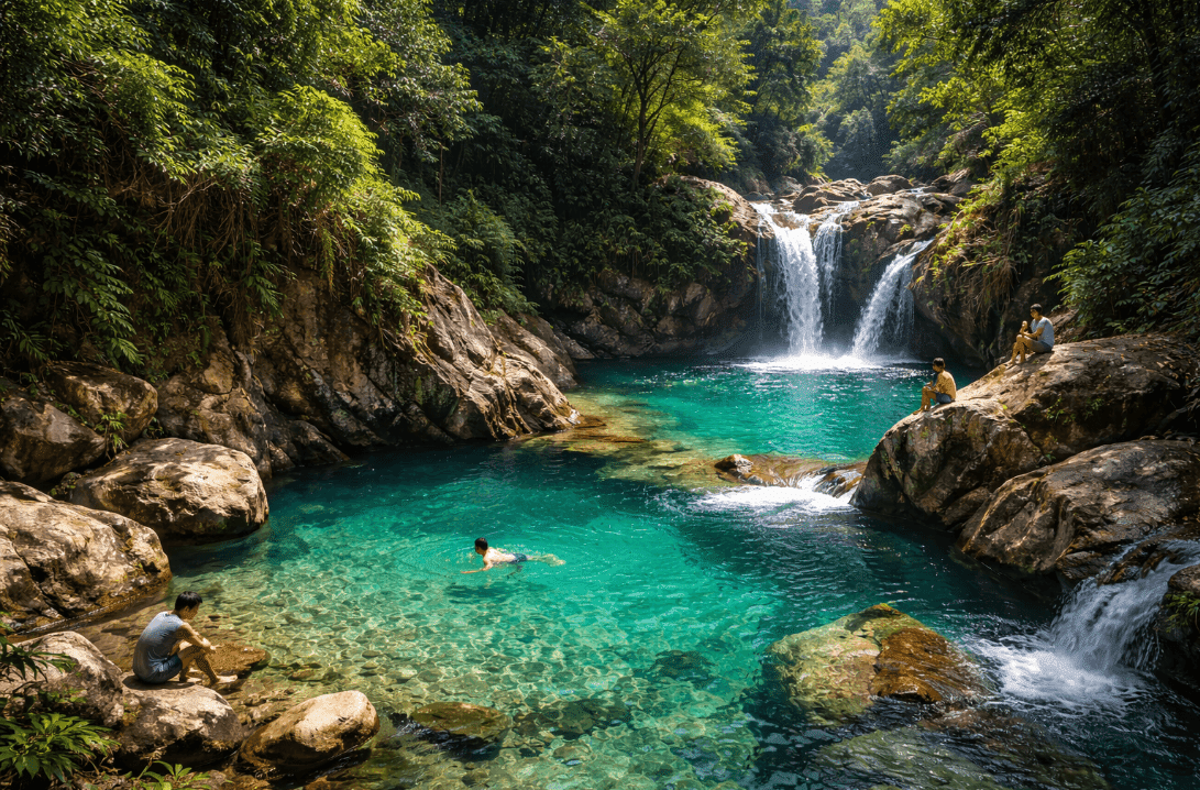 People swimming near a waterfall in Bogor