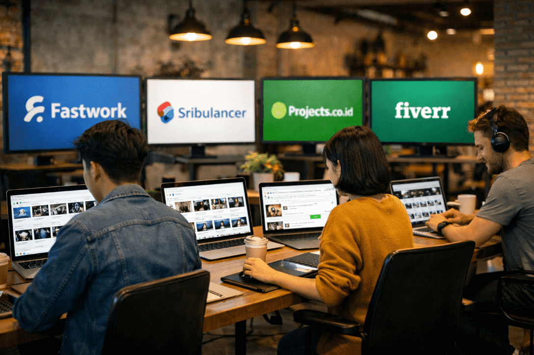 People using laptops at a table discussing video editing services