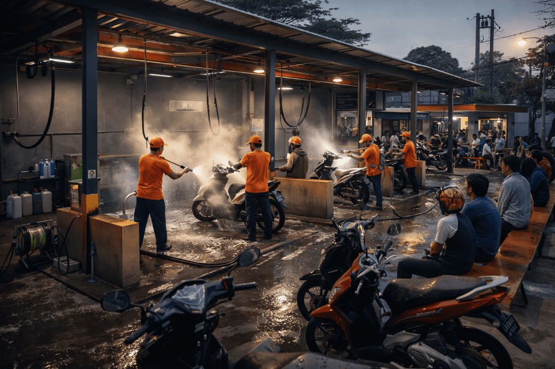People washing motorcycles in orange shirts at a motorbike wash