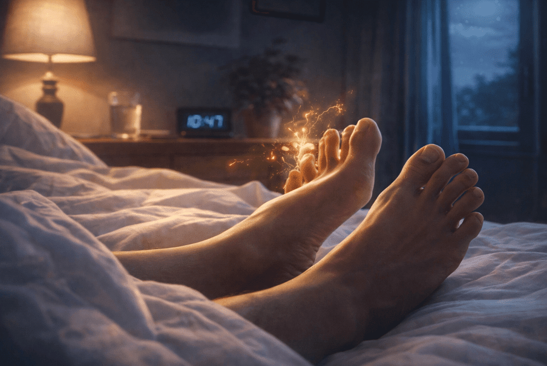 Person lying in bed with feet elevated on a pillow