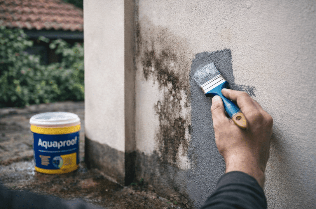 Person painting wall to prevent water seepage during heavy rain