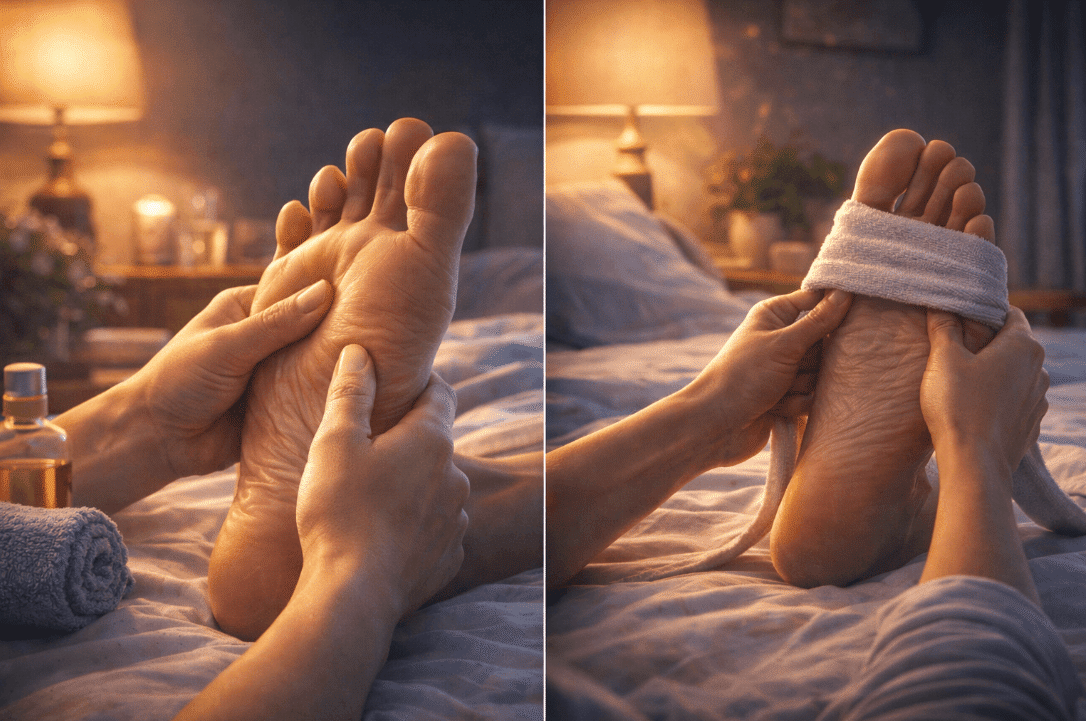 Person with bandaged ankles resting on bed
