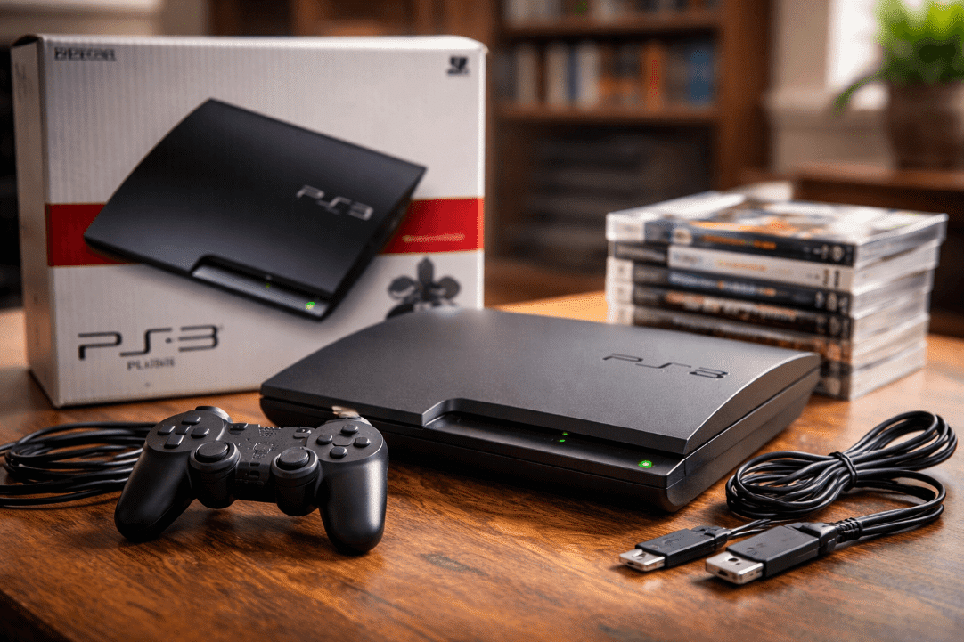 PS3 console with two controllers on a table