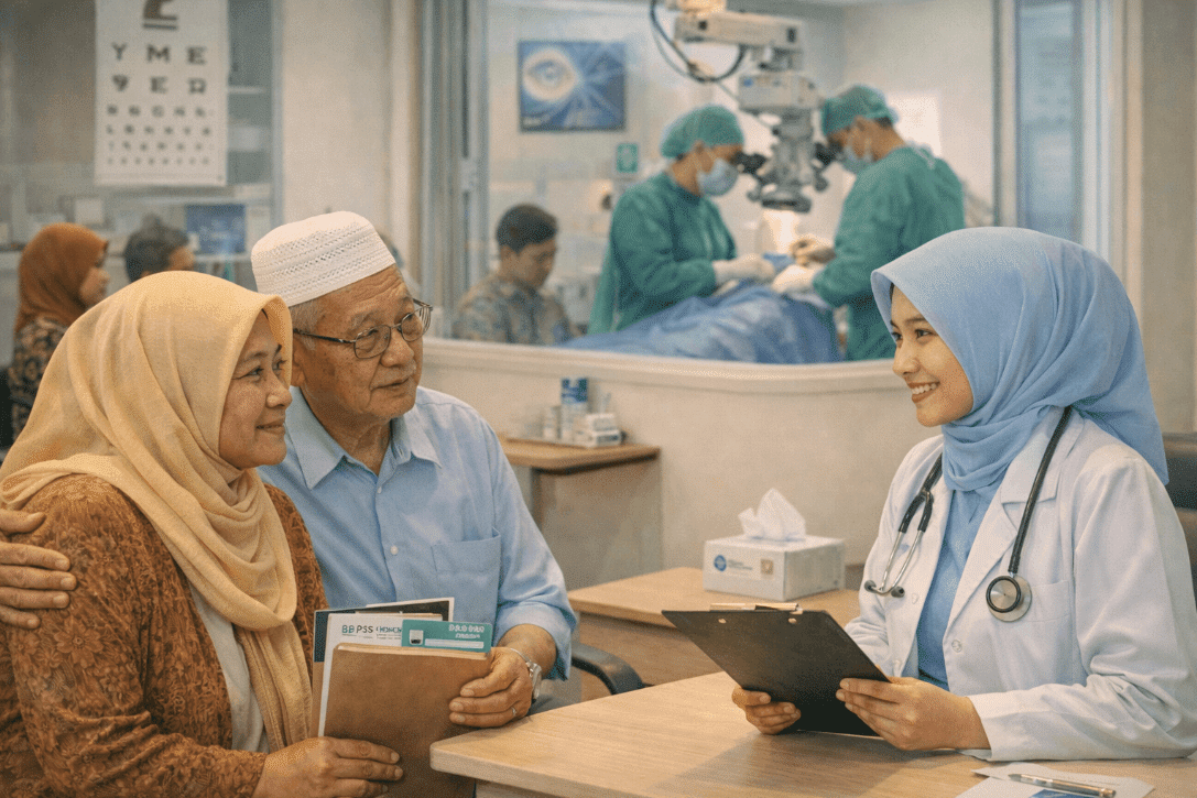 Two people sitting at a table discussing healthcare options