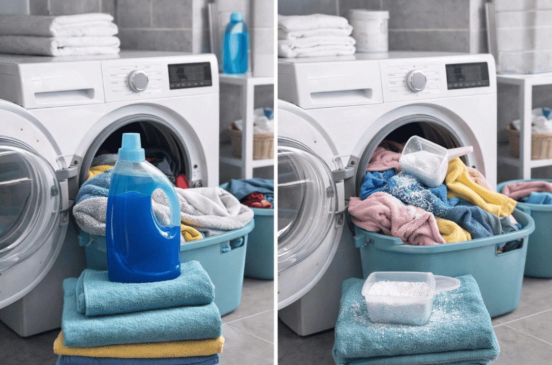 Two washing machines with clothes loaded