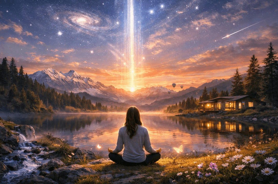 Woman meditating by a lake in lotus position