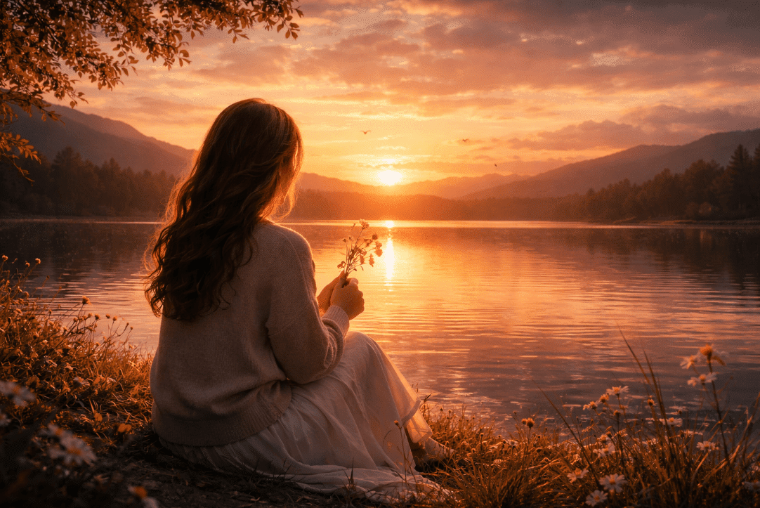 Woman sitting by lake at sunset