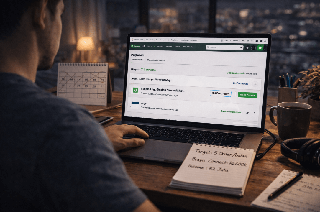 Man using laptop to calculate Upwork fees