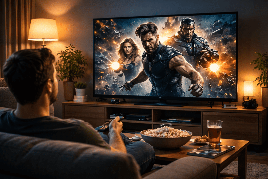 Man watching movie on TV x-men film timeline