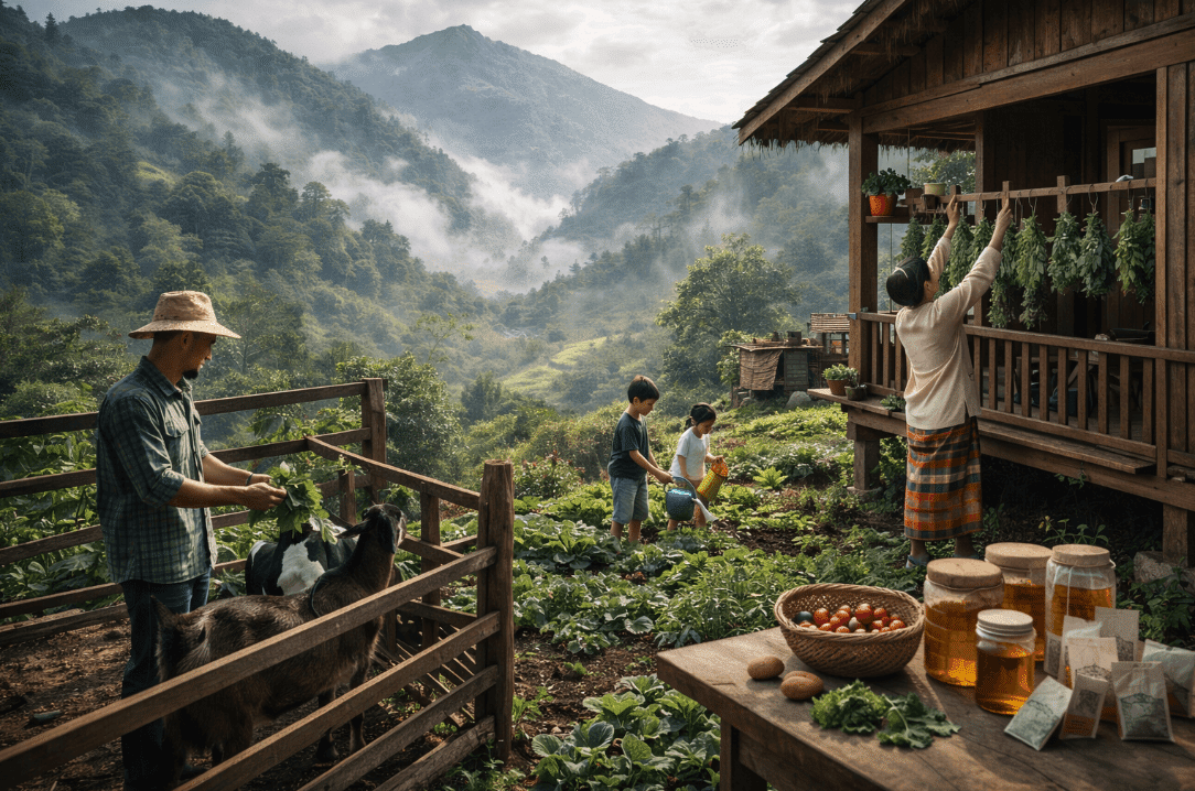 People on green hillside with business potential in mountain areas