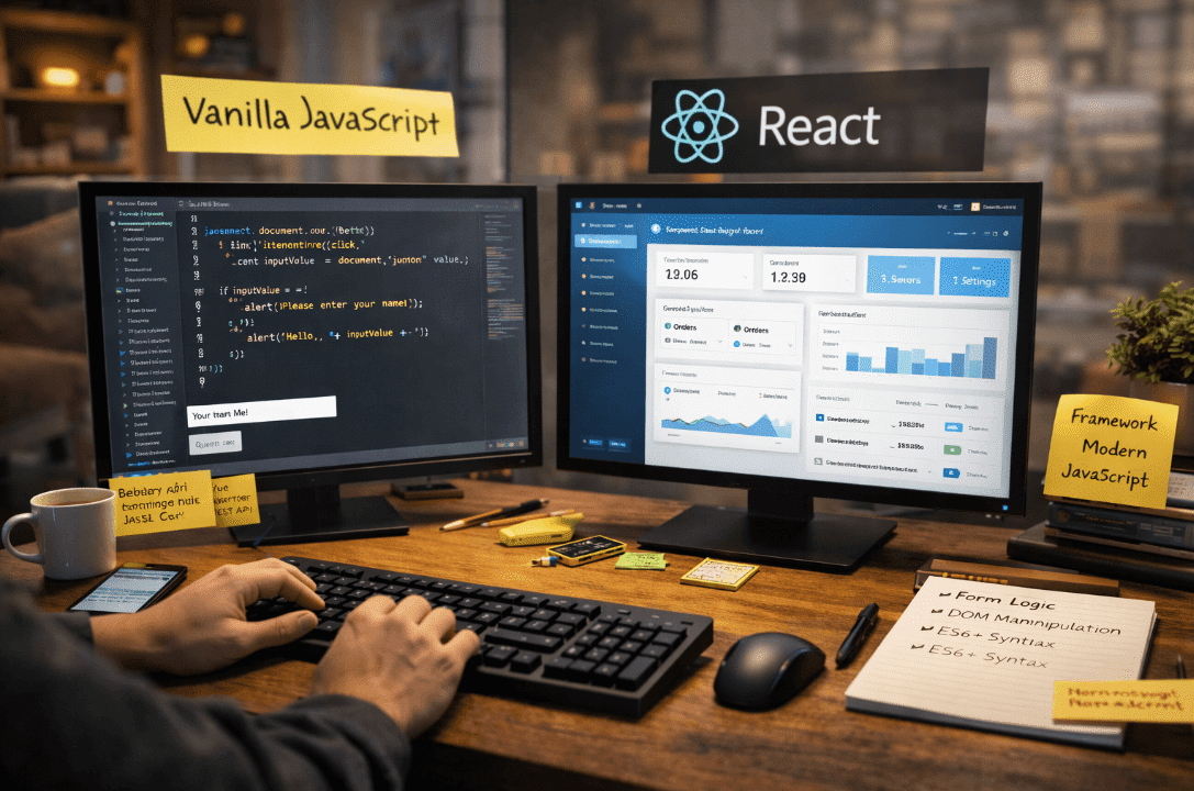 Person coding with two monitors at desk for JavaScript blog