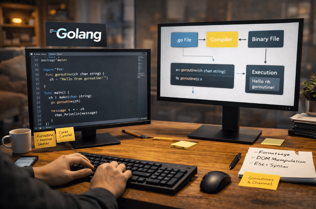 Person using computer to learn Golang basics