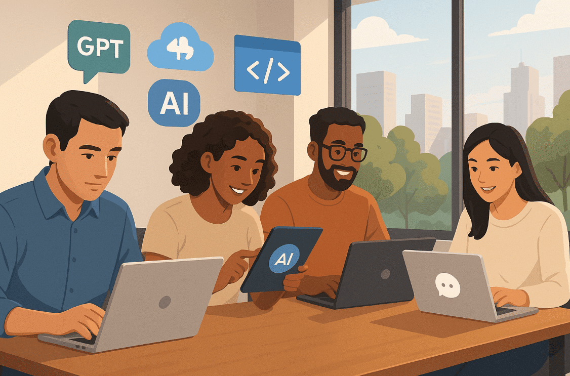 Diverse team collaborating with laptops at a table