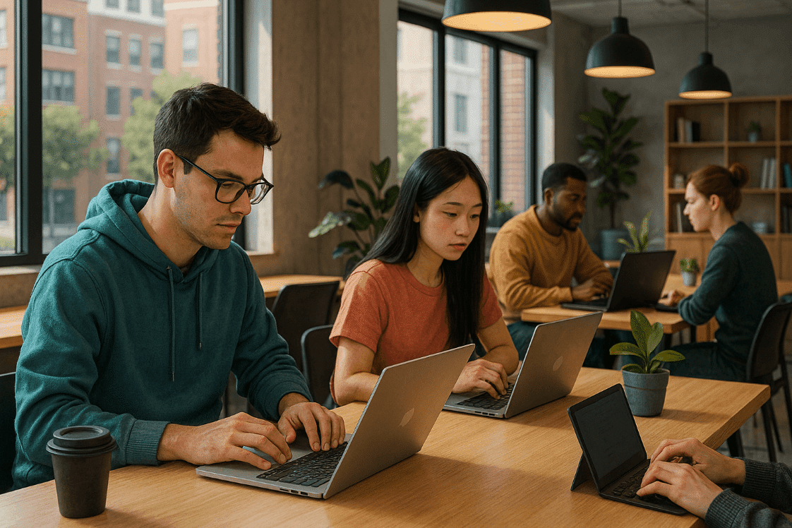 freelancer bekerja menggunakan laptop di coworking space