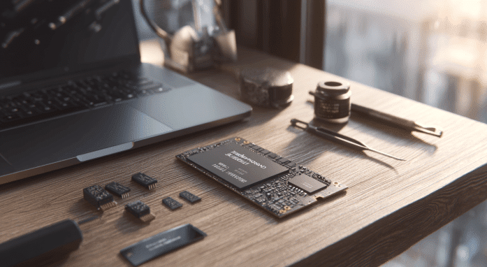 komponen laptop yang sedang dibongkar diatas meja
