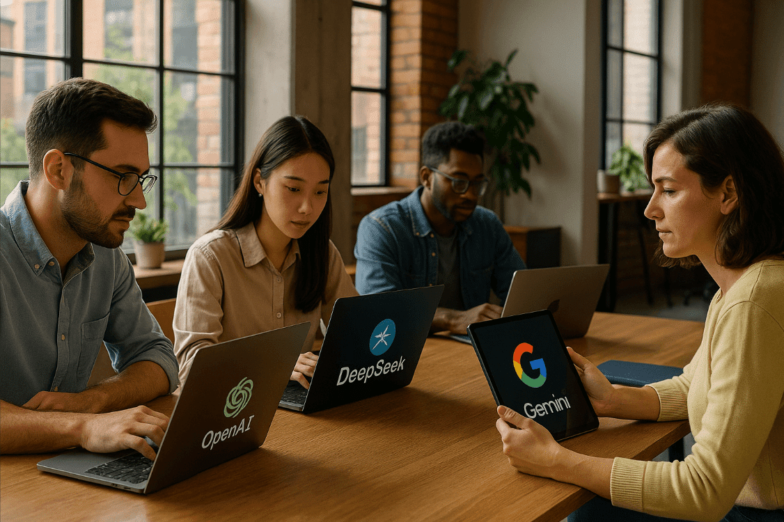 mahasiswa bekerja dengan laptop yang disponsori oleh platform AI berbeda