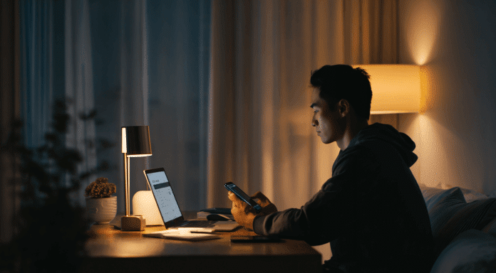 pria bekerja di ruangan dengan laptop dan hp nya