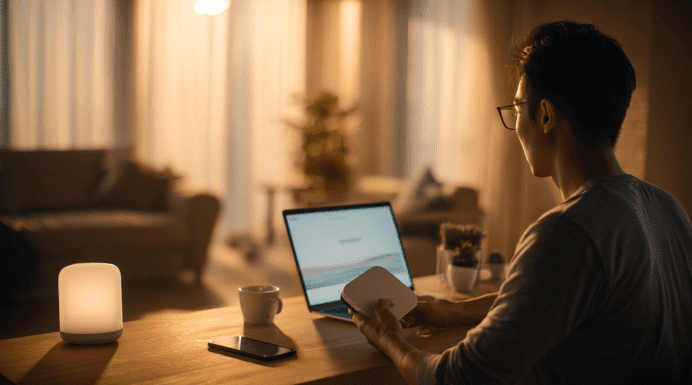 pria memegang modem didepan laptop di dalam ruangan