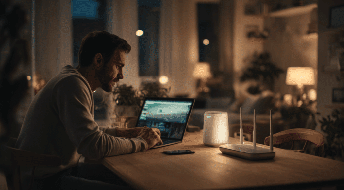 pria sedang internetan disamping modem internetnya