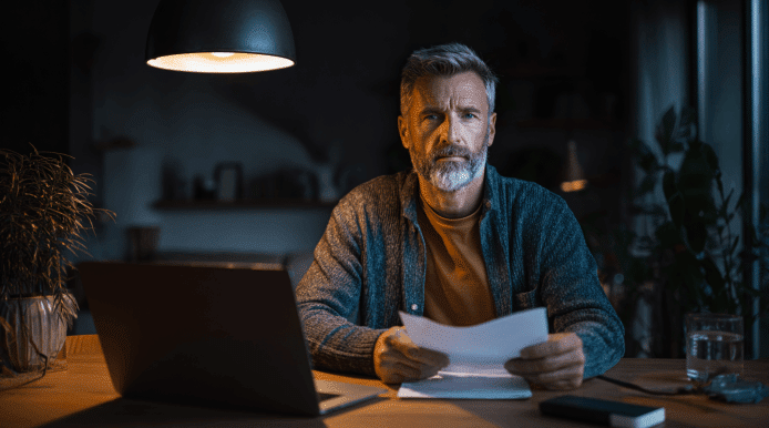 pria tua memegang kertas didepan laptop