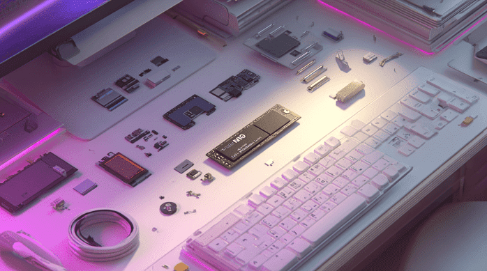 SSD NVme diatas meja putih disamping komponen komputer