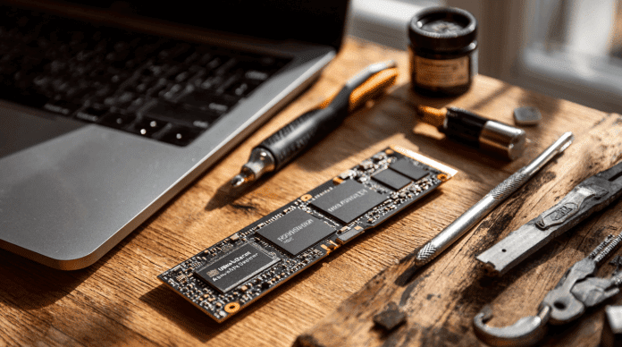 ssd nvme yang sedang dibongkar untuk melihat real komponennya