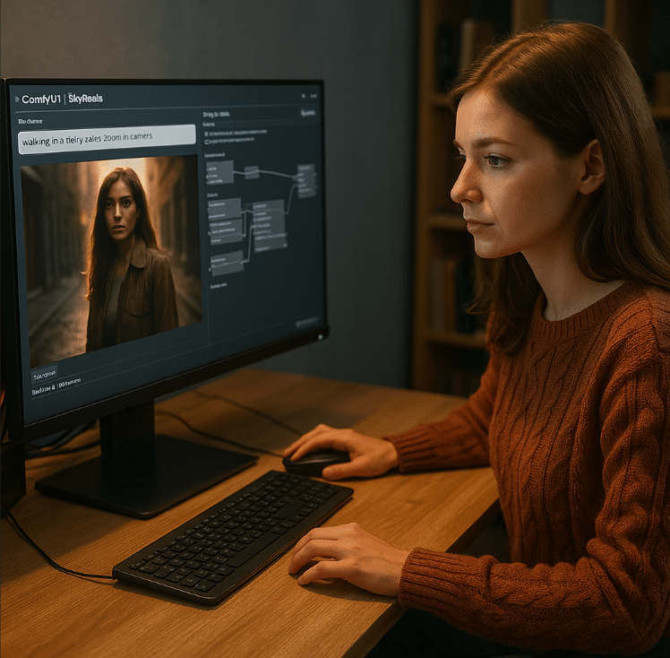 wanita membuat AI image to Video di PC nya