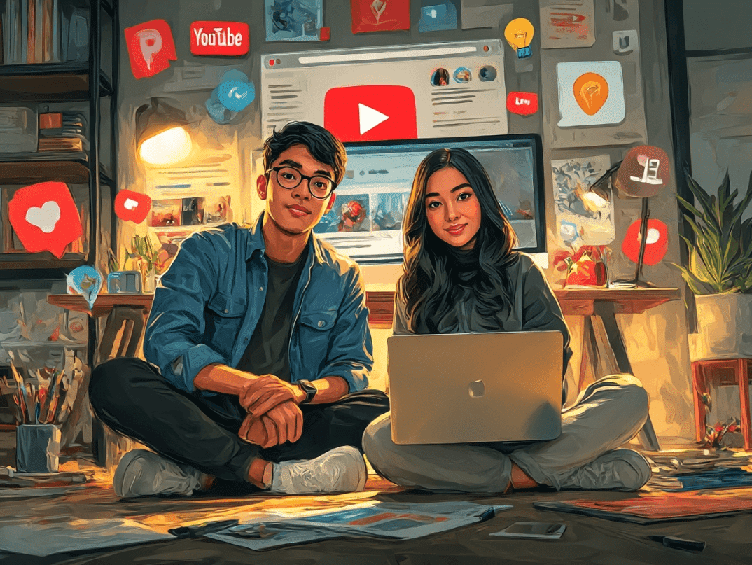 Hyper-realistic digital painting of Indonesian male and female content creators promoting YouTube channel on Pinterest, sitting in modern cozy workspace with laptop showing YouTube and Pinterest interface, infographic icons around them, productive professional vibes, ultra detailed, trending on Artstation, 4k resolution