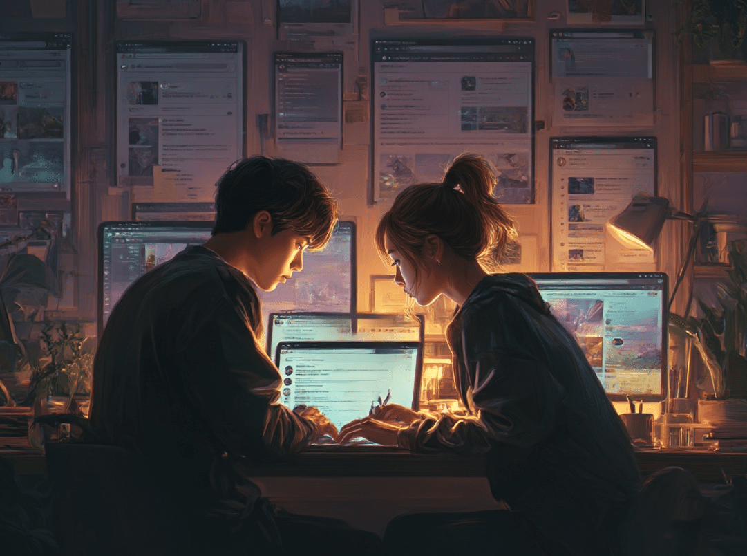 Hyper-realistic digital painting of Indonesian male and female content creators automating article writing on laptop using TaskMagic Desktop App, with multiple browser tabs showing AI tools and WordPress publishing, in a cozy minimalist workspace, futuristic productive vibes, ultra detailed, trending on Artstation, 4k resolution