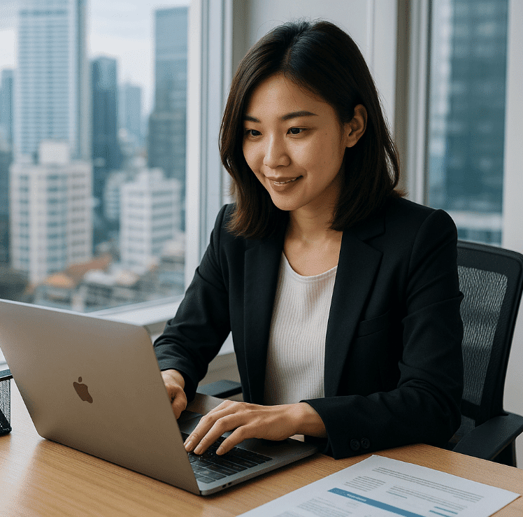 pekerja wanita didepan macbook di kantor