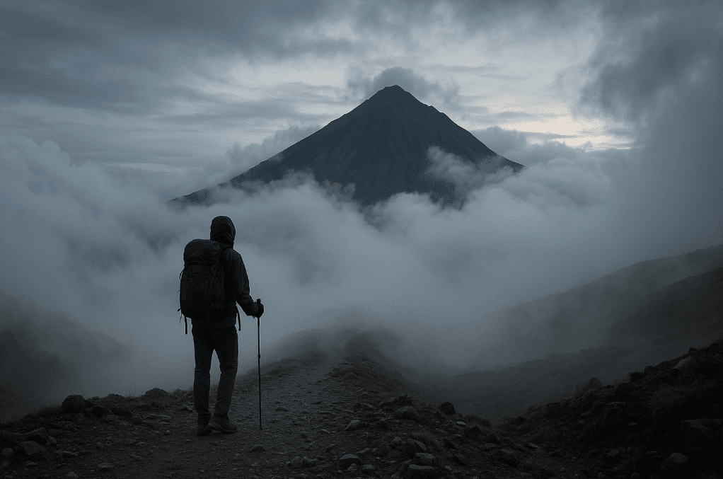 pendaki gunung rinjani di suasan berkabut