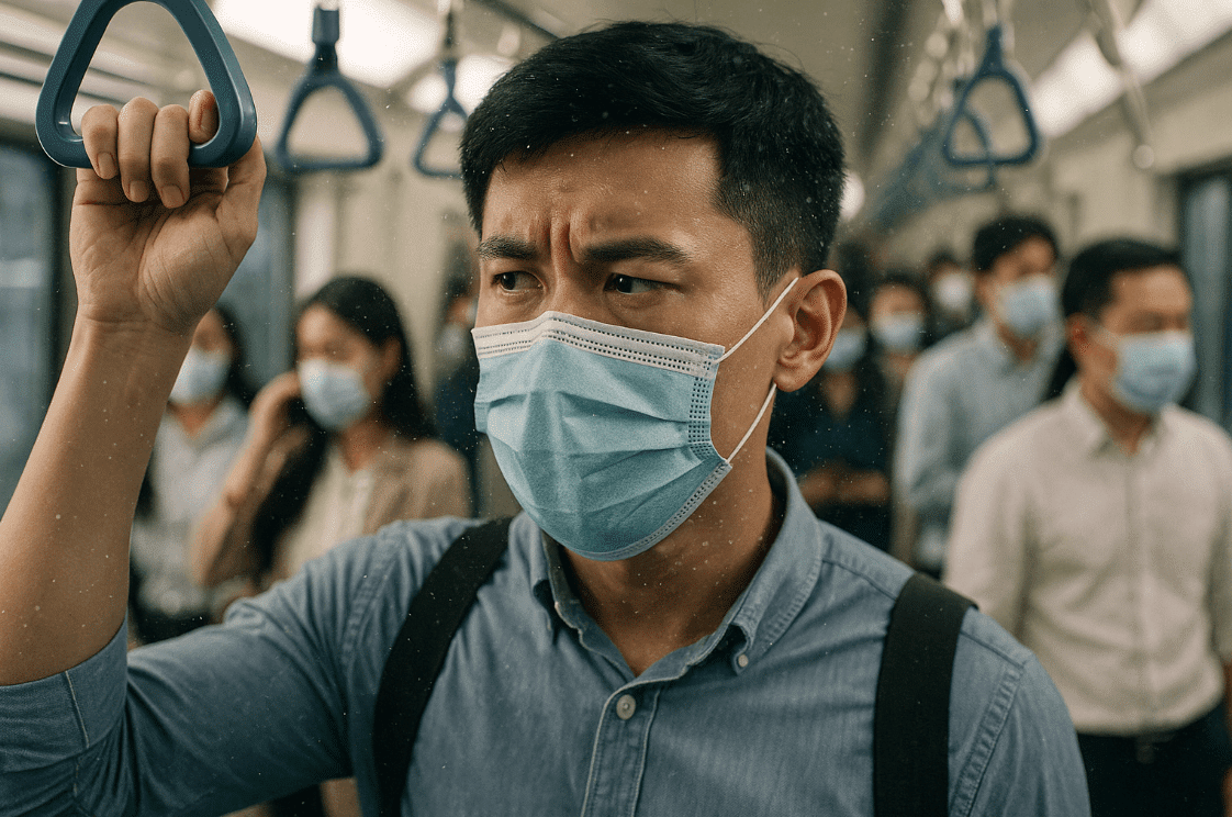 penumpang krl dengan paparan virus dan bakteri