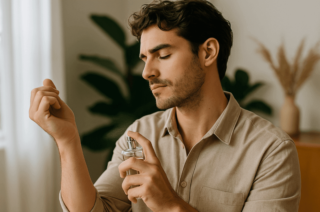 pria semprot parfum ke tubuh