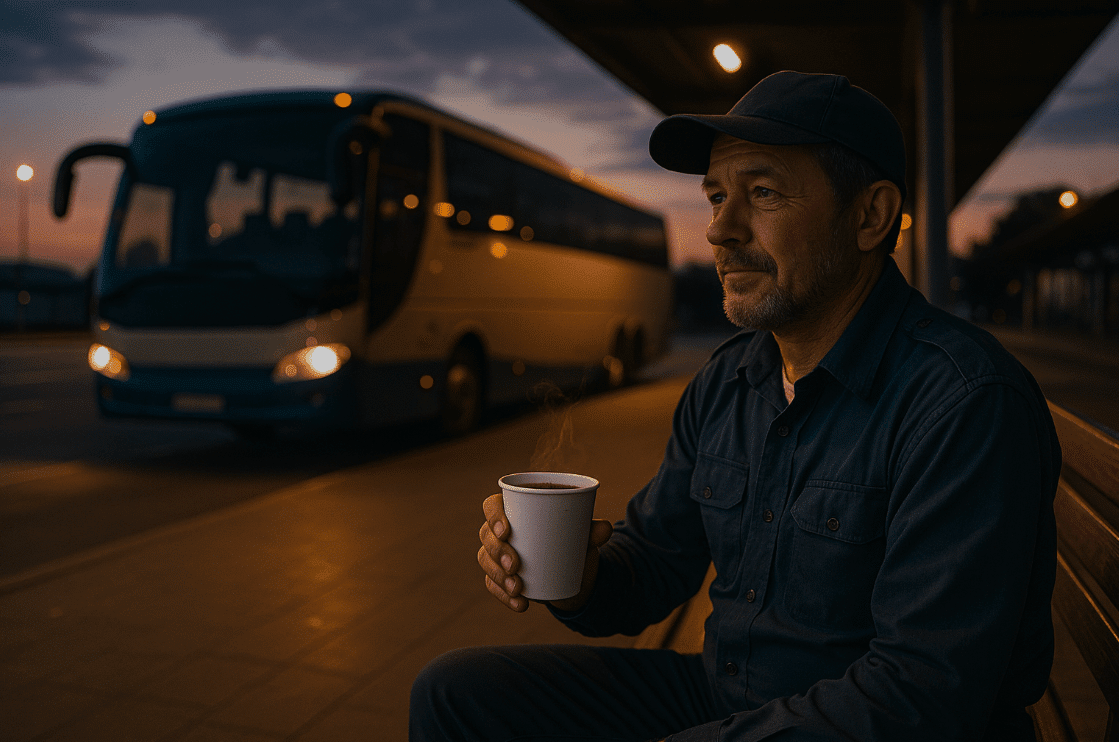 supir bus lagi istirahat dan ngopi