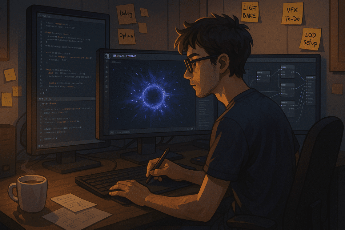 technical artist 3d kerja didepan laptop