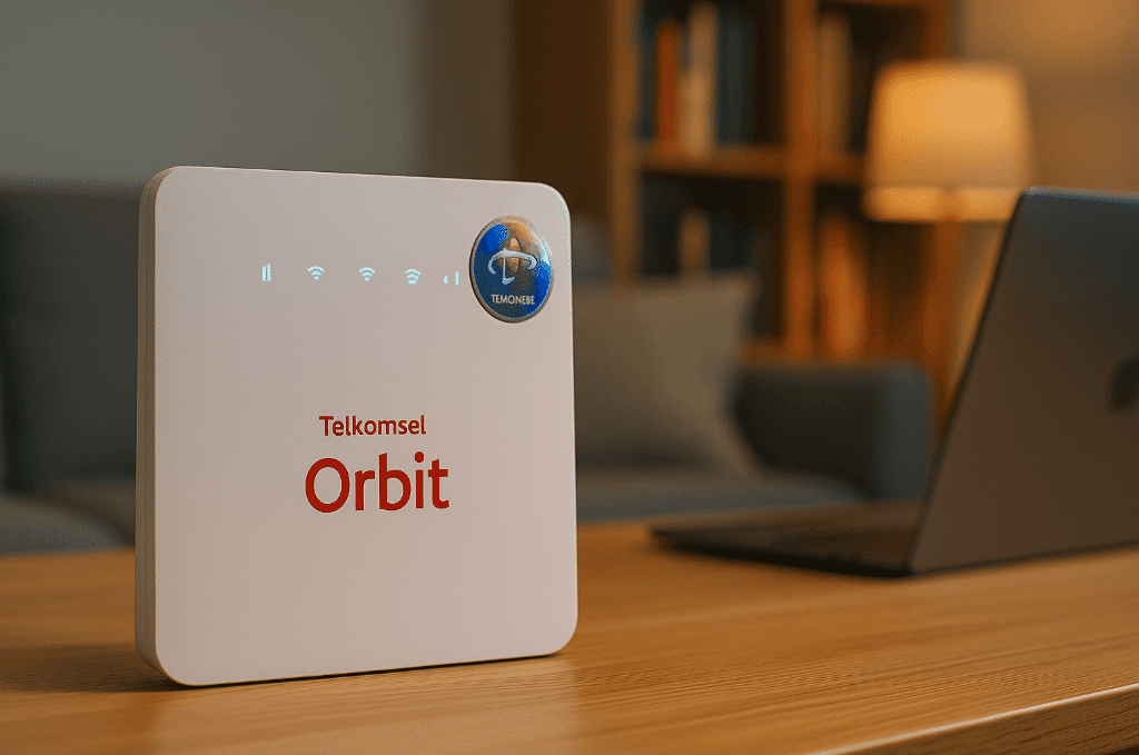 telkkomsel orbit diatas meja disamping laptop