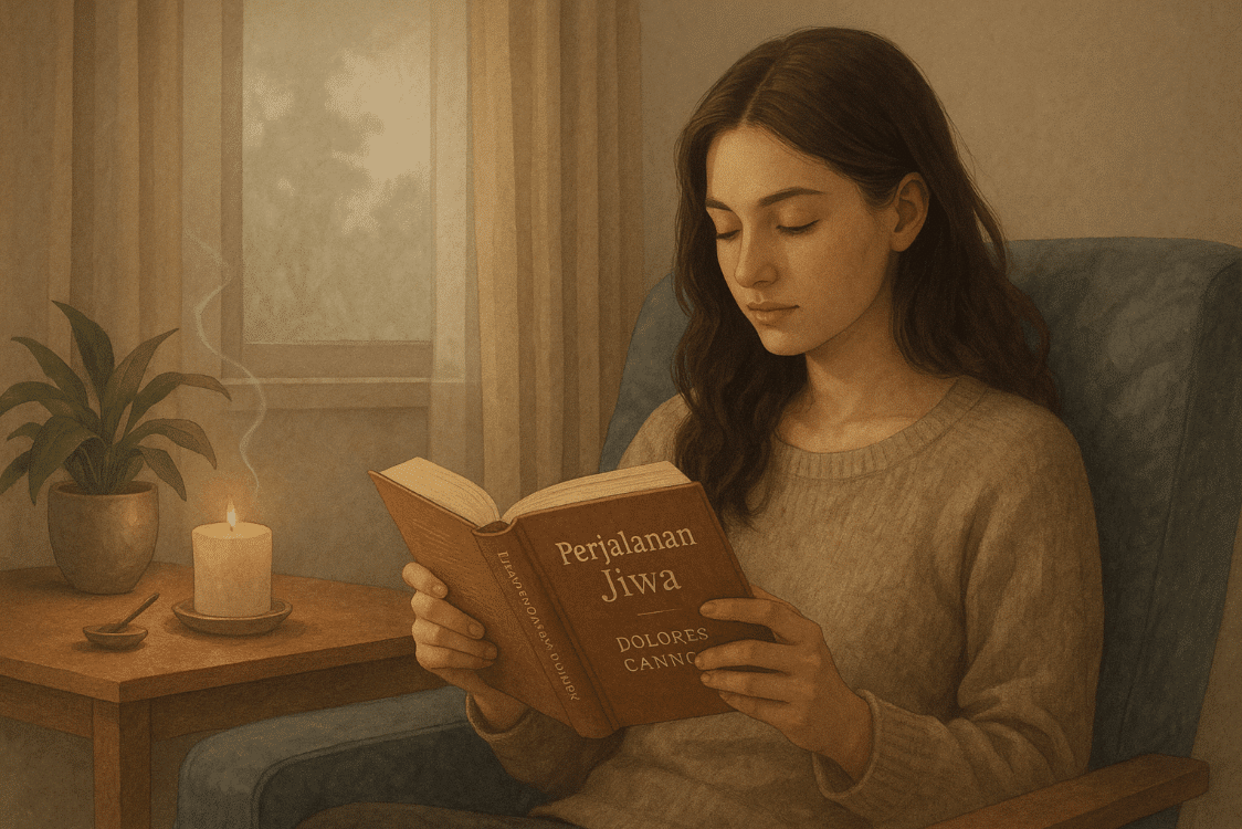 wanita membaca buku dolores cannon